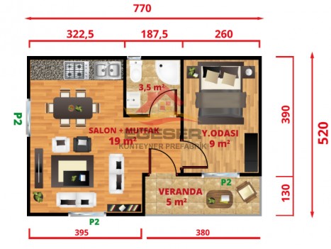 40 m² Tek Katlı Jumbo Çatı Prefabrik Ev