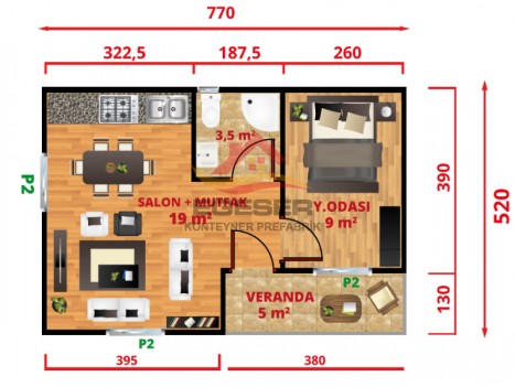 40 m² Tek Katlı Jumbo Çatı Prefabrik Ev 40 m² Tek Katlı Jumbo Çatı Prefabrik Ev
