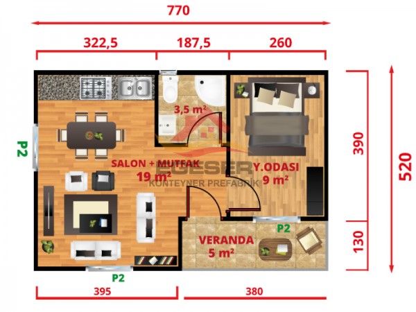 40 m² Tek Katlı Jumbo Çatı Prefabrik Ev | 1+1
