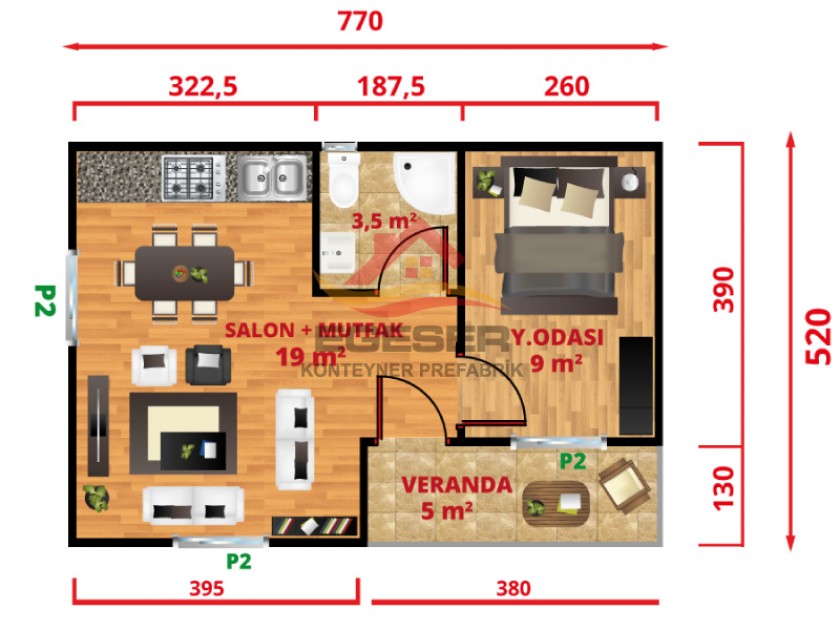40 m² Tek Katlı Jumbo Çatı Prefabrik Ev 40 m² Tek Katlı Jumbo Çatı Prefabrik Ev
