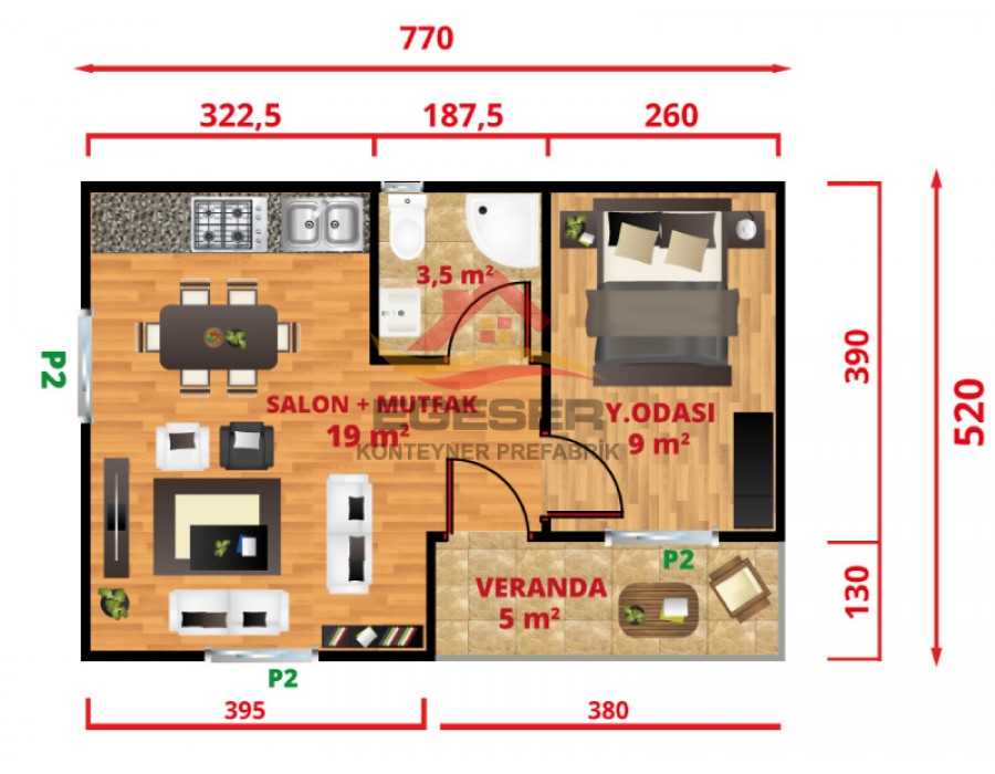 40 m² Tek Katlı Jumbo Çatı Prefabrik Ev | 1+1 40 m² Tek Katlı Jumbo Çatı Prefabrik Ev | 1+1
