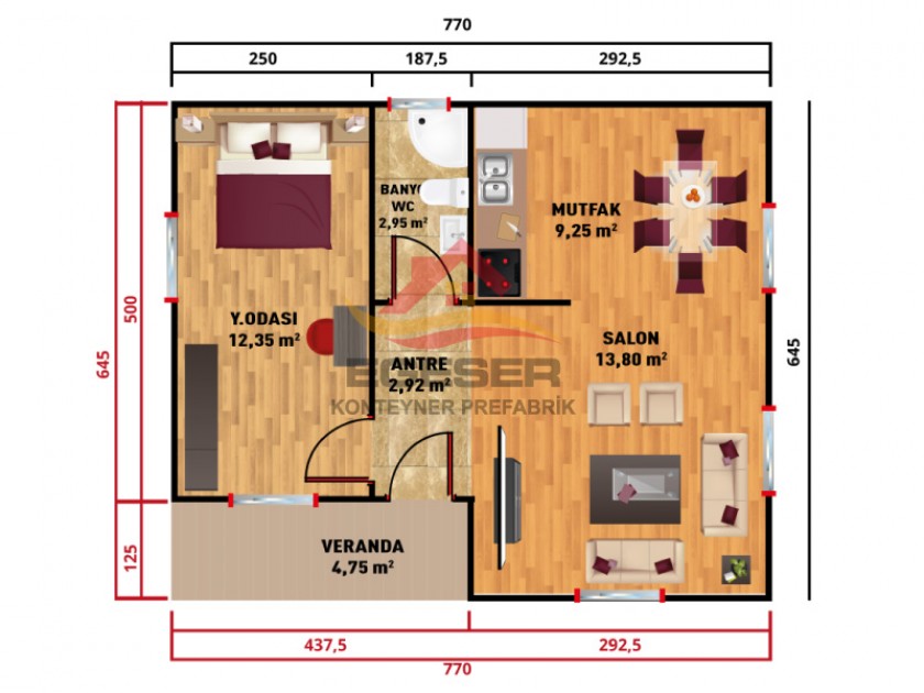 50 m² Tek Katlı Prefabrik Ev 50 m² Tek Katlı Prefabrik Ev