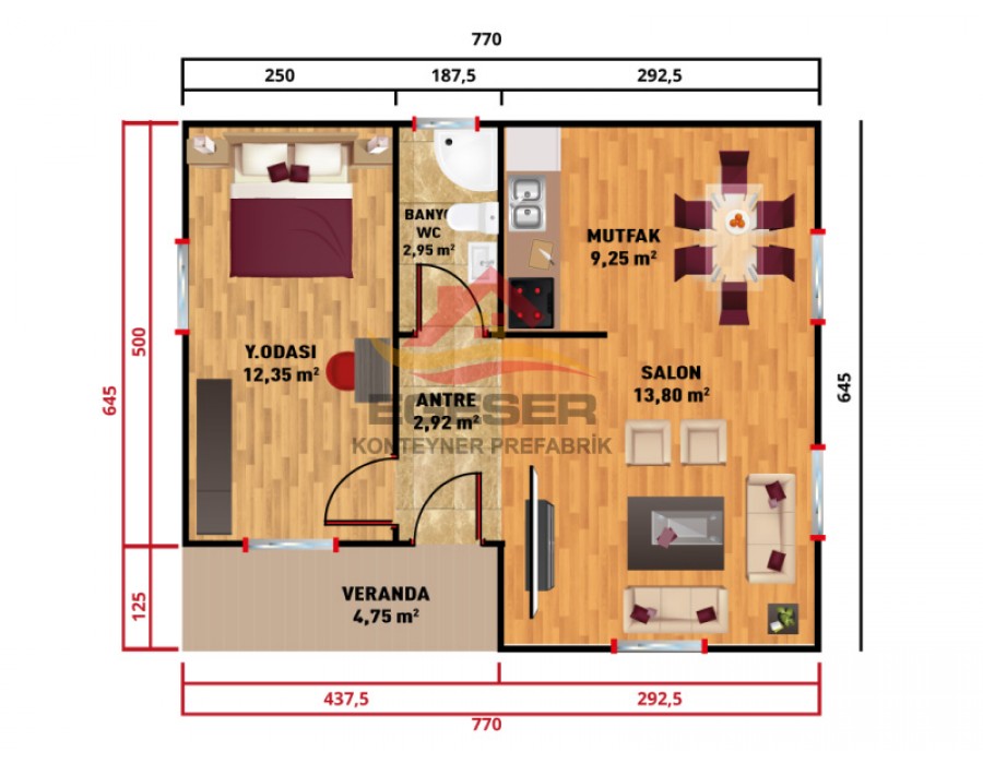 50 m² Tek Katlı Prefabrik Ev | Verandalı 1+1