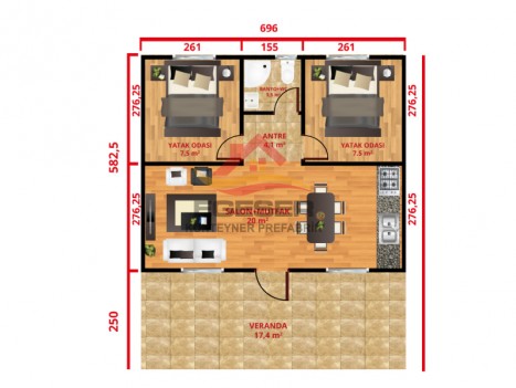60 m² Tek Katlı Prefabrik Ev