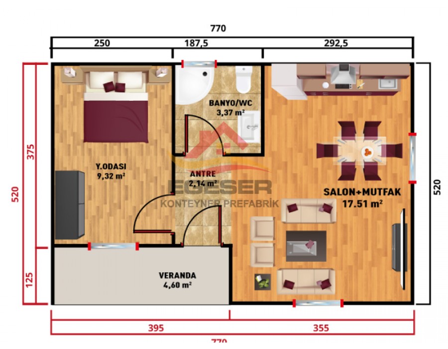 40 m² Tek Katlı Prefabrik Ev | Verandalı 1+1 40 m² Tek Katlı Prefabrik Ev | Verandalı 1+1