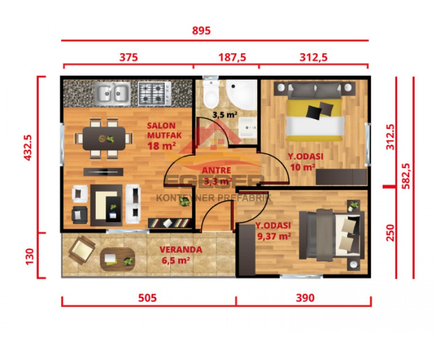 52 m² Tek Katlı Prefabrik Ev Verandalı 2+1