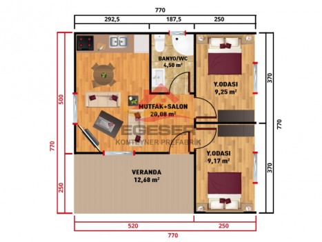 60 m² Tek Katlı Prefabrik Ev Geniş Verandalı