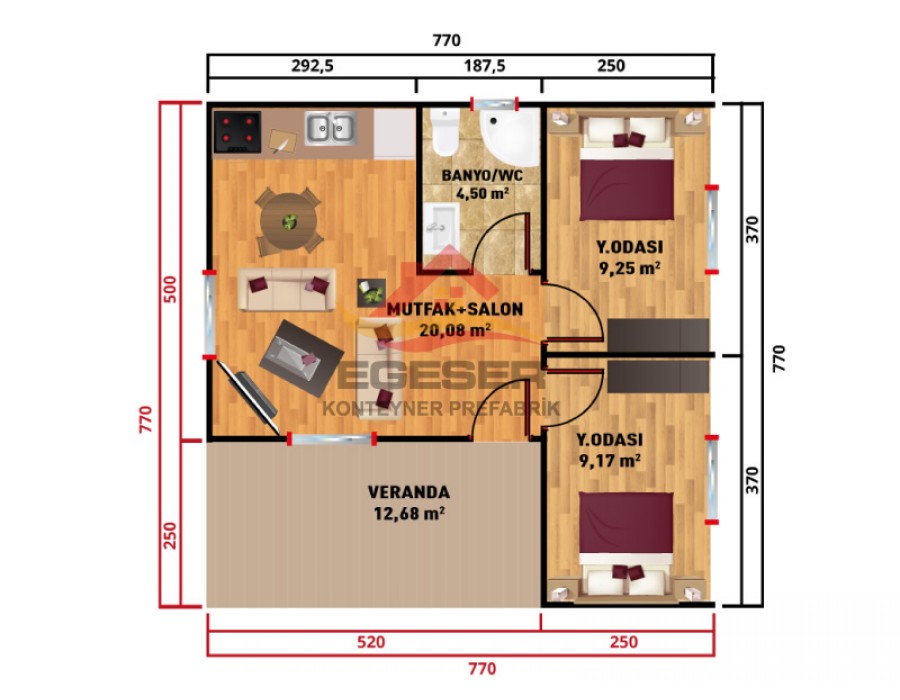 60 m² Tek Katlı Prefabrik Ev Geniş Verandalı