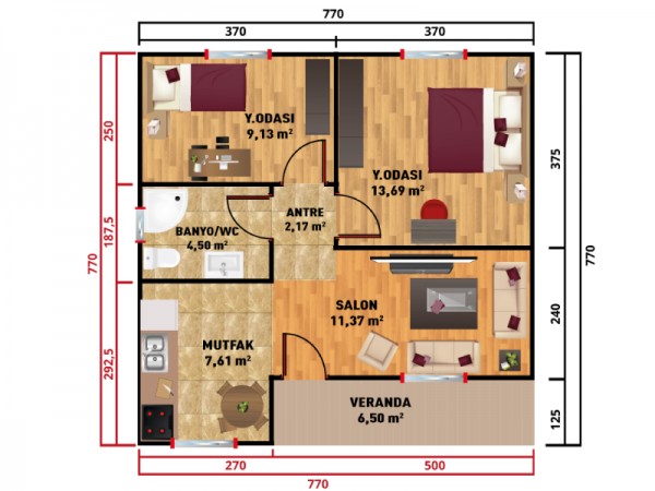 60 m² Tek Katlı Prefabrik Ev 2+1 Verandalı