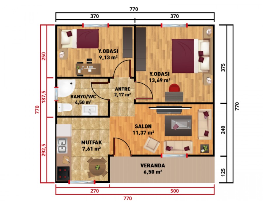 60 m² Tek Katlı Prefabrik Ev 2+1 Verandalı