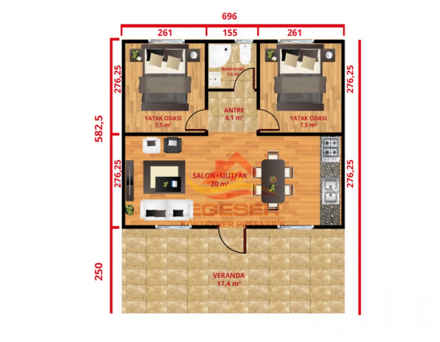 59 m² Tek Katlı Prefabrik Ev 2+1 Geniş Verandalı