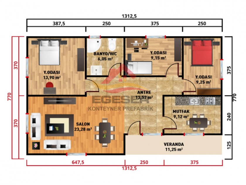 101 m² Tek Katlı Prefabrik Ev 101 m² Tek Katlı Prefabrik Ev